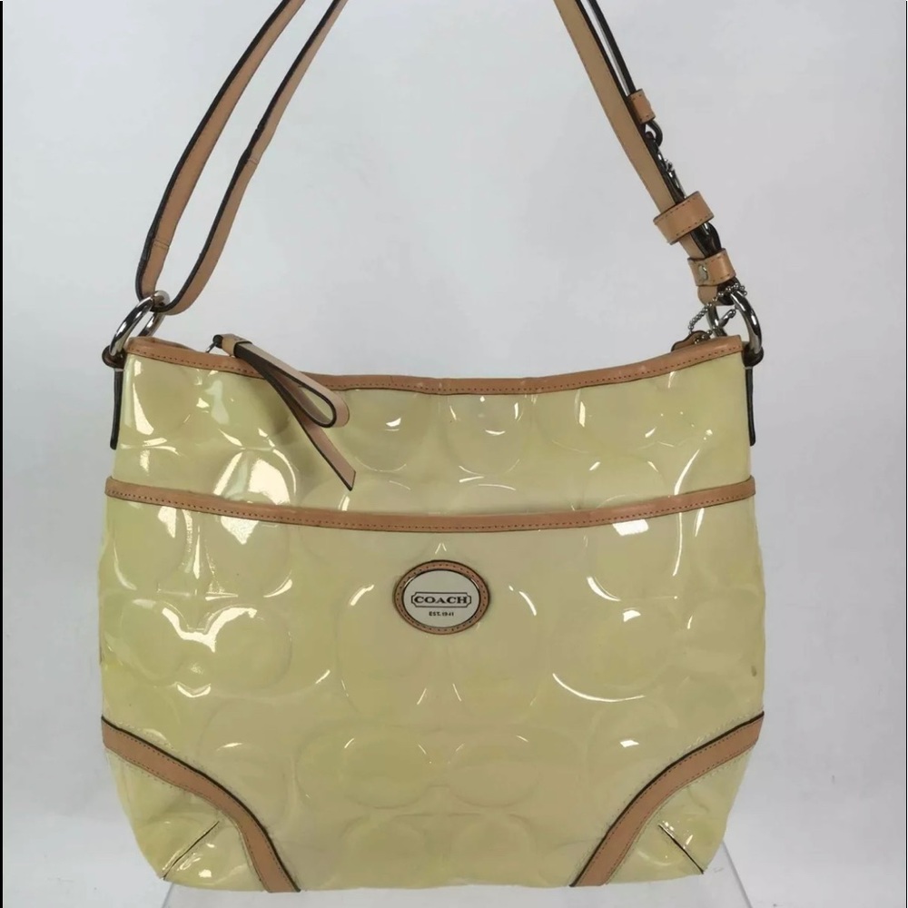 Coach Yellow Beige Glossy Leather Shoulder Bag NEW